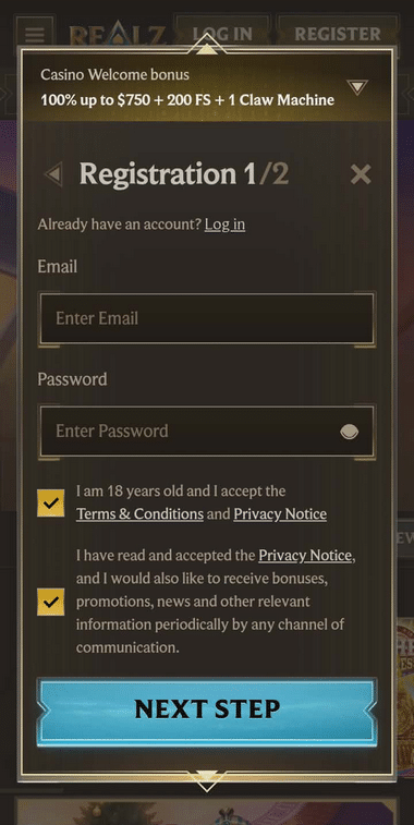 Realz Casino Registration Process Image 2