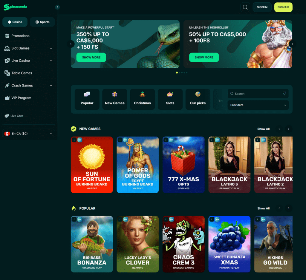 Spinaconda Casino Desktop Preview 1