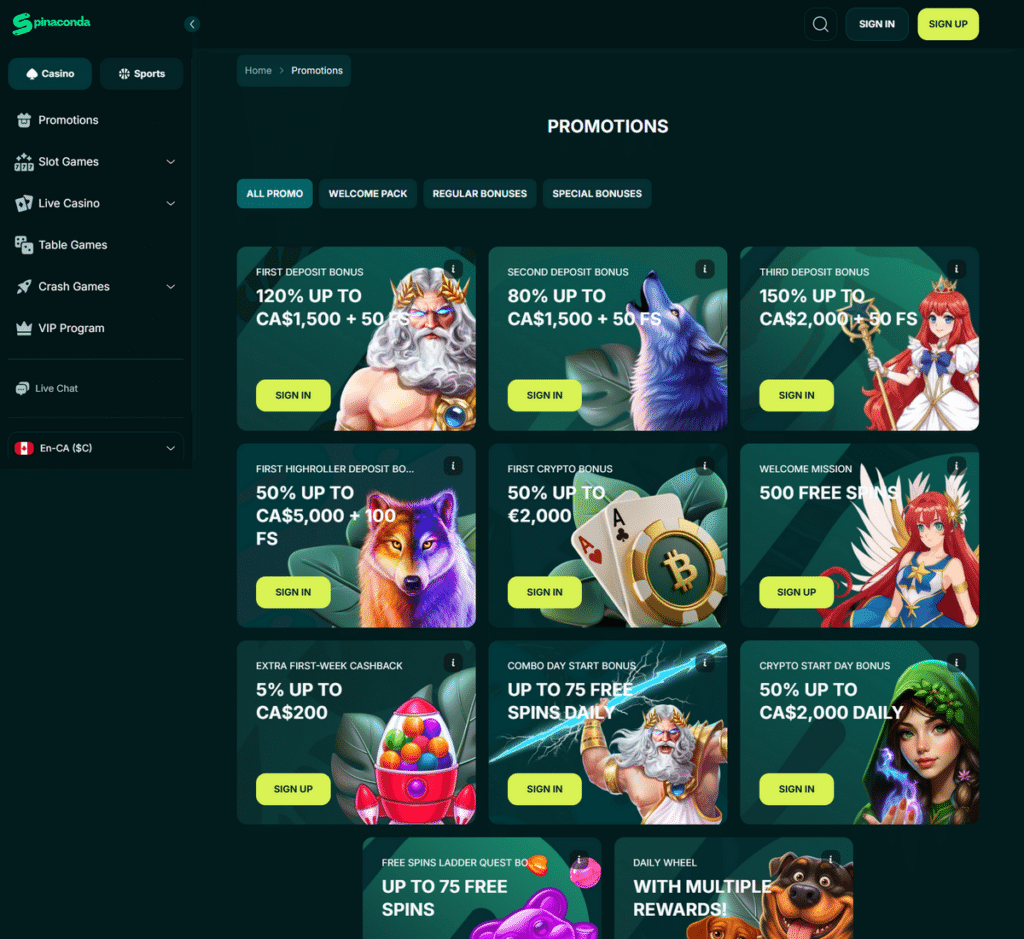 Spinaconda Casino Desktop Preview 2
