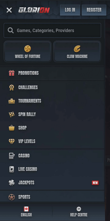 Glorion Casino Mobile Preview 1